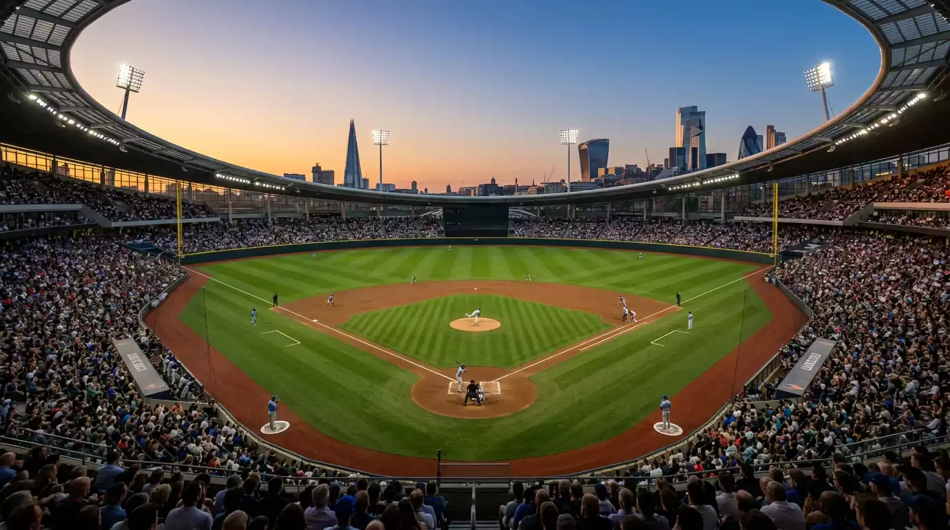 London Stadium hosting an MLB game with baseball diamond laid out on the pitch and a packed crowd at dusk
