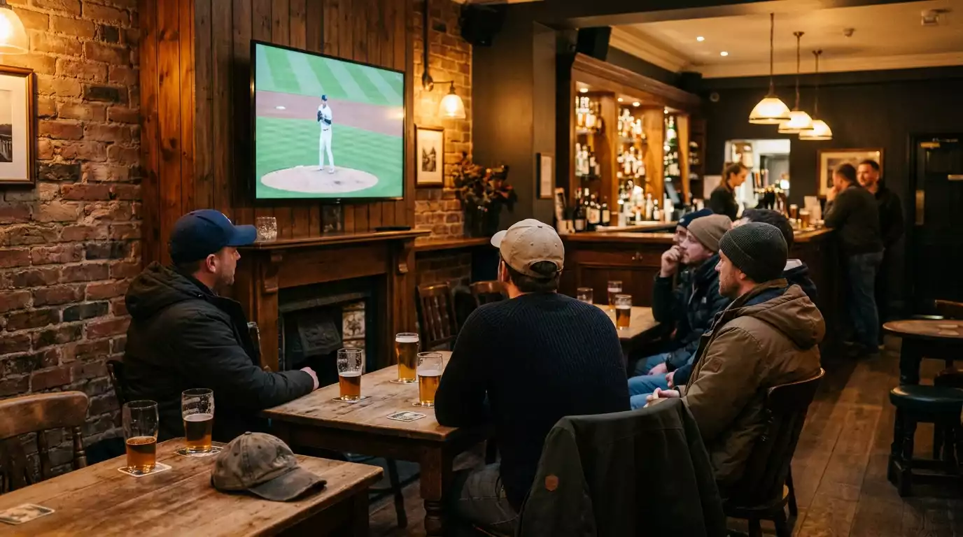 British fans watching an MLB game in a London bar with screens showing baseball