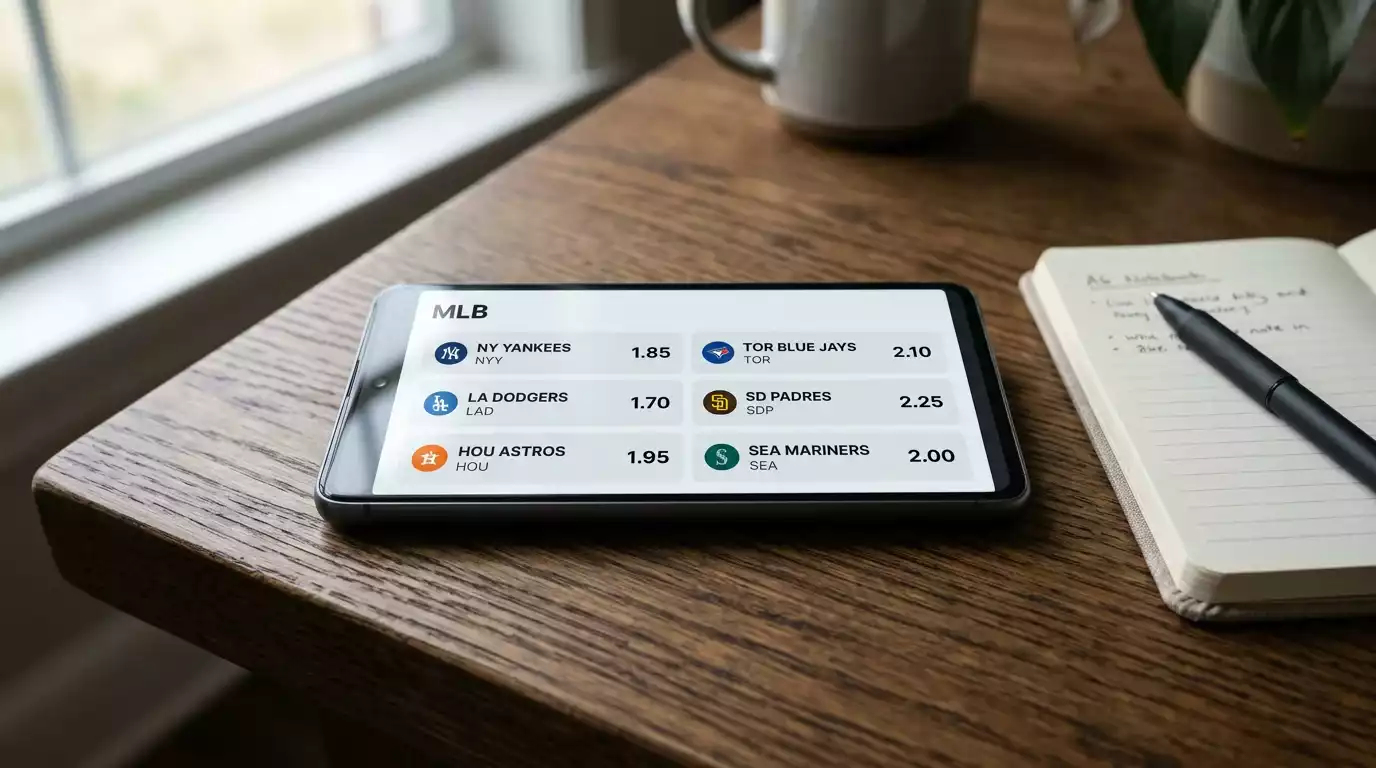 Smartphone screen showing a clean UK sports betting app interface with baseball markets, on a wooden desk